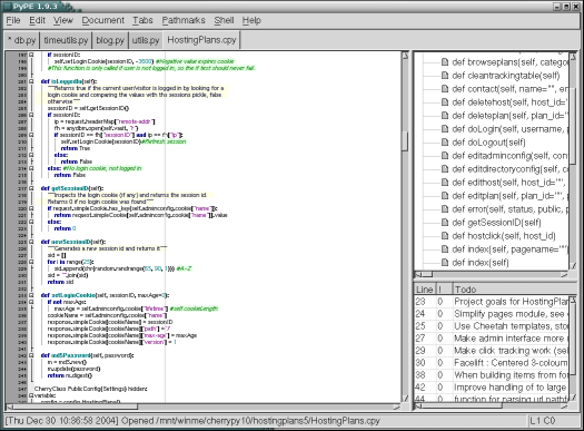 PyPe screenshot showing the text area, code browser and todo box